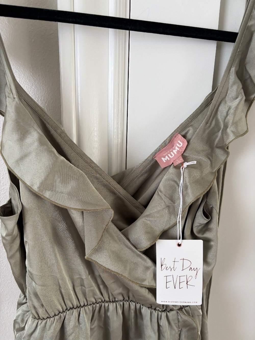 Show Me Your Mumu Samantha Ruffle Wrap Dress ~ Moss Green Luxe Satin